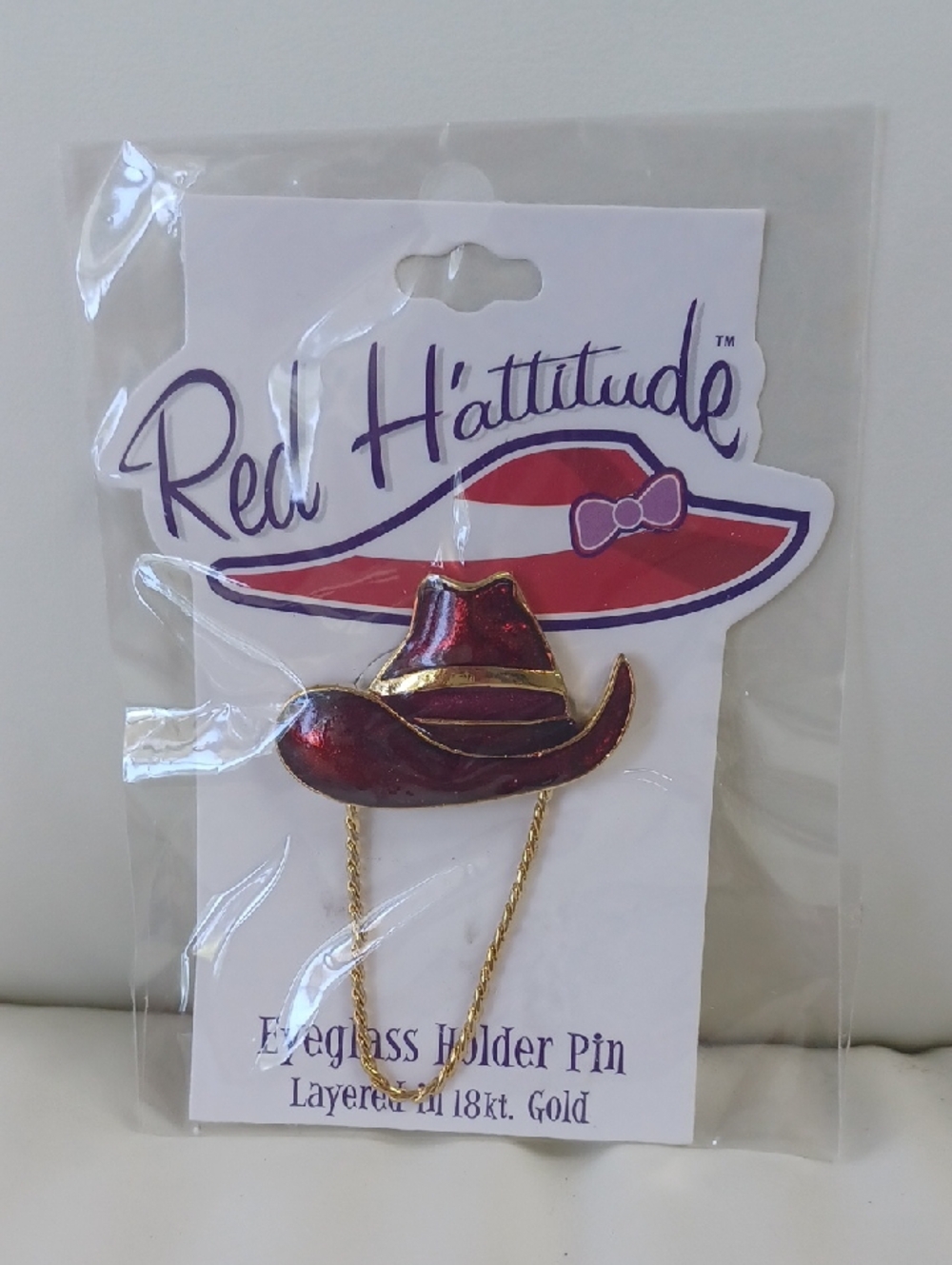 New Red H'attitude Enamel Cowboy Hat Eyeglass Holder Pin Layered In 18k Gold